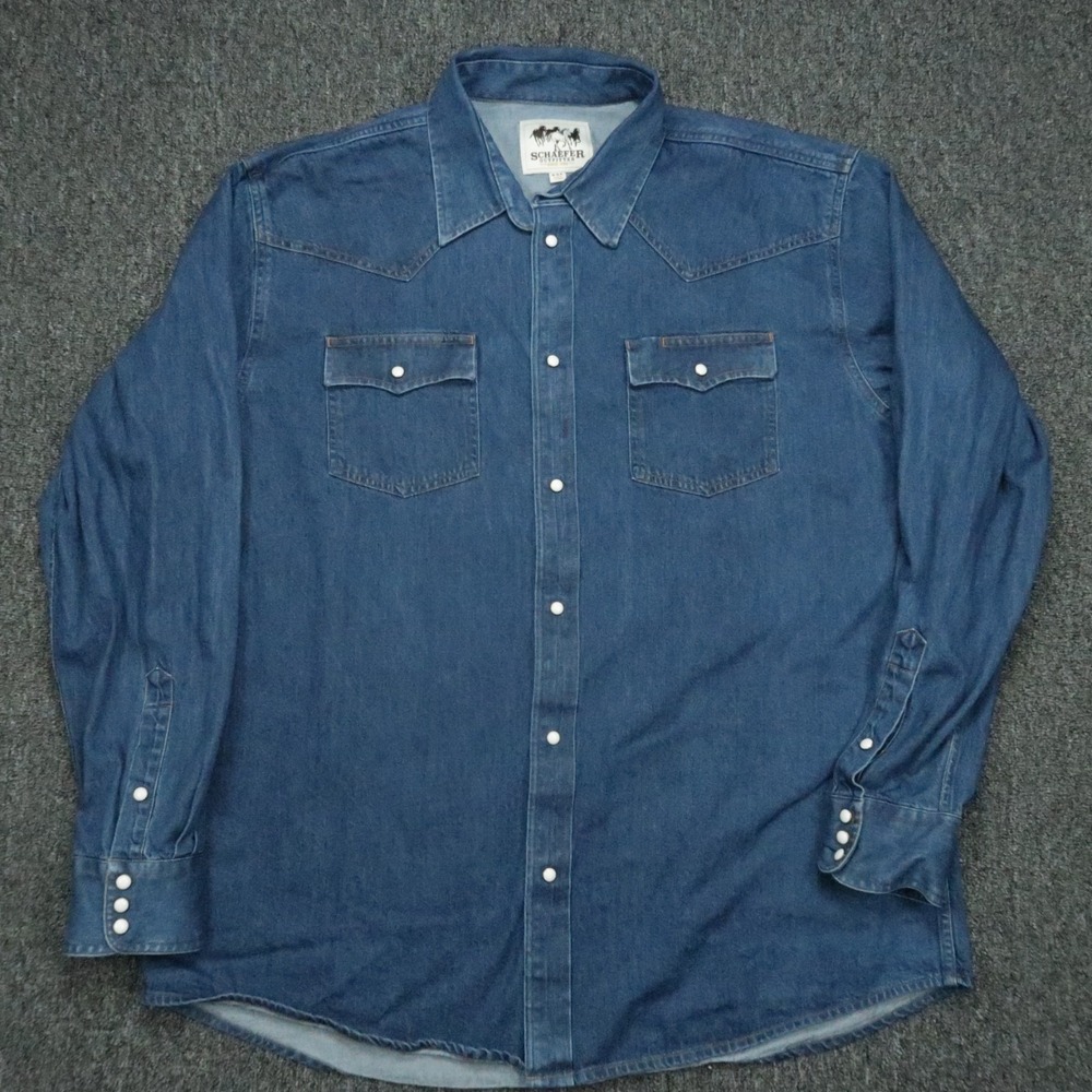 Schaefer Outfitter Shirt Mens XXL Blue Denim Long Sleeve‎ Pearl Snap Western 2XL
